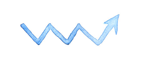 Watercolor blue zigzag arrow on white background indicating growth and progress in business and finance.の写真素材