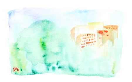 Serene watercolor landscape with soft hues and abstract urban silhouette.の写真素材