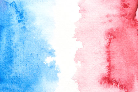Abstract watercolor texture featuring vibrant red, white, and blue brushstrokes with soft gradient transitions.の写真素材