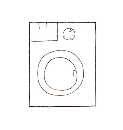 Minimalist hand-drawn washing machine sketch on white background in simple line art style.の写真素材
