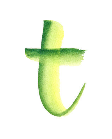 Hand-painted green watercolor letter t on white background - artistic alphabet illustration trend.の写真素材