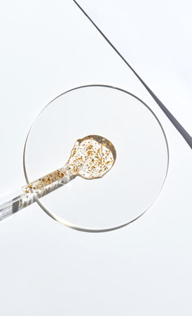 Transparent petri dish with serum sample and gold particles on white background reflecting sunlightの写真素材