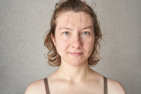 Caucasian female adult with acne patches on forehead smiling at camera in casual attire on neutral background.の写真素材