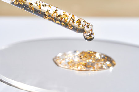 Luxury skincare serum with gold flakes in glass dropper on white surface.の写真素材