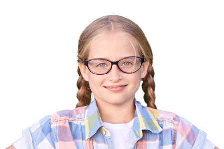 Caucasian young girl with glasses and braids smiling in plaid shirt on white background.