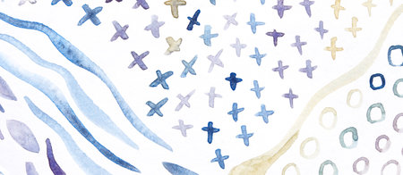 Abstract watercolor pattern with crosses and waves in blue and beige tones for modern design.