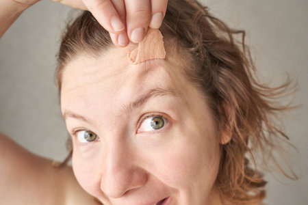 Young caucasian female applying adhesive bandage to forehead wound with smiling expression.の写真素材
