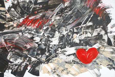 Abstract expressionist artwork with red heart on bold textured black and white background.の写真素材