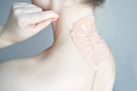 Female applying therapeutic tape on upper back for pain relief and posture correction.の写真素材