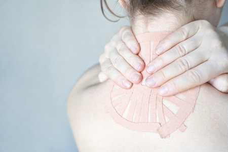 Caucasian female adult with kinesiology tape on back neck for pain relief and physical therapy.の写真素材