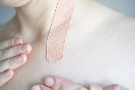 Caucasian adult female with skin tape on shoulder: close-up of healthcare and skincare treatment.の写真素材