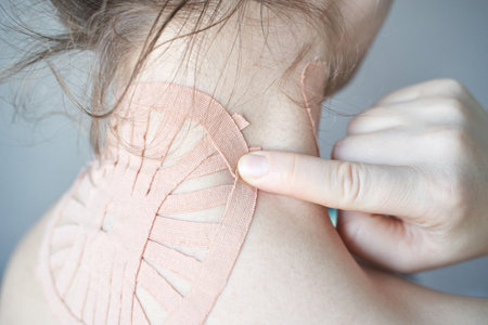 Female applying therapeutic kinesiology tape on neck for pain relief and muscle support.の写真素材