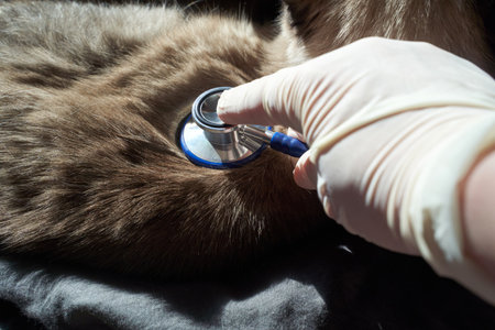 Veterinarian examines dogs heartbeat with stethoscope for health checkup and diagnosis.の写真素材