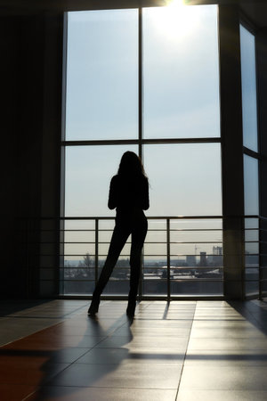 Silhouette of female standing by large window in modern interior with sunlight and cityscape view.の写真素材