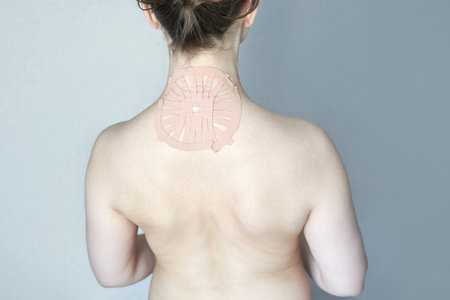 Female with shoulder pain relief patch on back for therapeutic treatment of muscle soreness or injury recovery.の写真素材