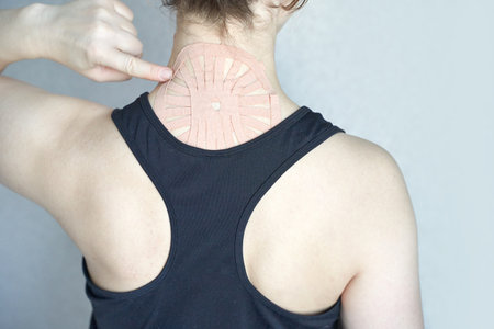 Caucasian female applying therapeutic kinesiology tape to shoulder and neck for pain relief.の写真素材