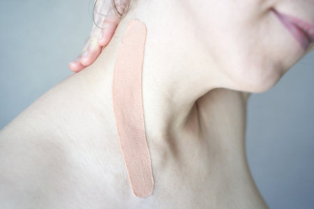 Close-up of elastic beige kinesiology tape on female caucasian shoulder for muscle support and pain relief.の写真素材