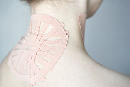 Female adult with therapeutic kinesiology tape applied to neck for pain relief and support.の写真素材