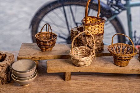 Rustic wicker baskets decoration vitrine. Home decor. Natural product. Handmade style.の写真素材