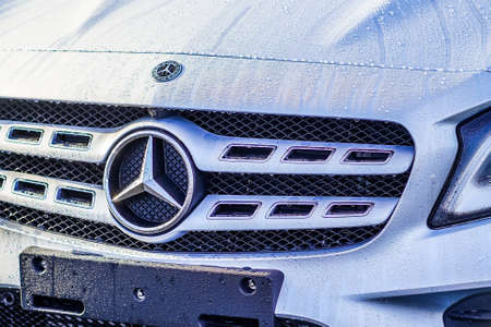 Bayonne, France, 20 December, 2019. Front view of a Mercedes Benz Class A. Car exterior details....