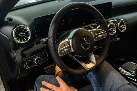 Bayonne, France, 27 May 2020: Mercedes Benz Class A close-up of the dashboard, speedometer, tachometer, seats and multifunction steering wheel.のeditorial素材