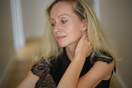 Portrait of a beautiful woman in black. Hight quality photo.の写真素材