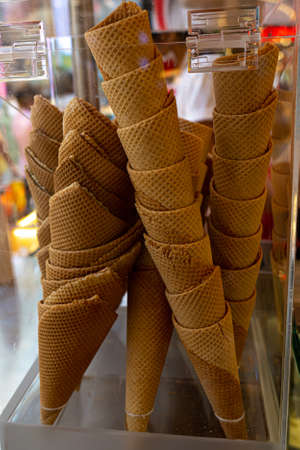 Closeup of waffle cups ice cream. Tasty crunchy cups. Summer timeの写真素材