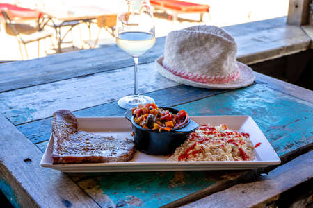Open restaurant sea view. Healthy fresh nutrition. Summer beach vacation. Organic healthy food. High quality photoの写真素材