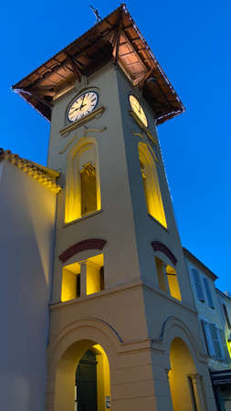 Bottom view of the chapel, evening city. Beautiful yellow backlightの写真素材