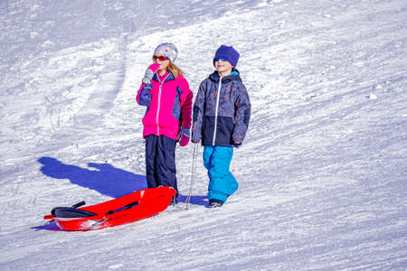Two joyful kids going with a sled on a winter day. Brother and sisterの写真素材