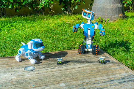 Nice, France 16.10.2020 Electronic interactive puppy toy with the Lego Boost robot in the garden. Science, technology. Outdoor background. High quality photoのeditorial素材