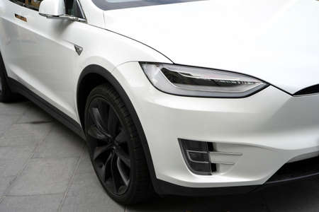 Villeneuve- Loubet, France 01.12.2020 Tesla is on display outside the showroom at the Tesla store in the shopping mall. Hight quality photoのeditorial素材