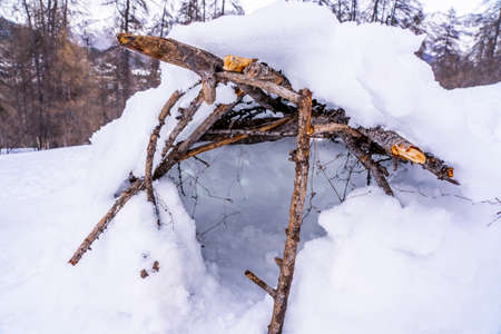Hut made with a snowy and branches in the winter forest. Outdoor activity with children in winter...