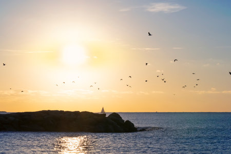 Morning view of the sunrise in the sea. Mediterranean sea of french riviera during sunriseの写真素材