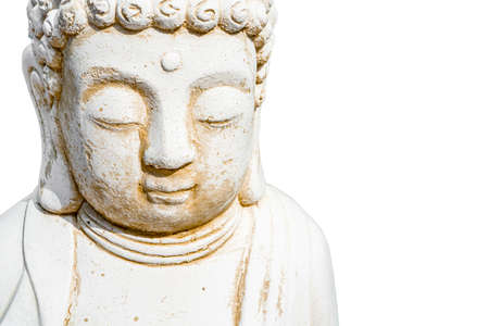 Face of Buddha statue white isolated on white background. Founder of Buddhism. Black and white photo, close up.の写真素材