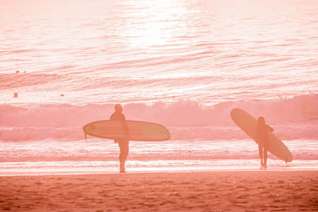 Pink Ocean Landscape in Sunset Time Background with Sandy Beach and Wavy Sea. Surfers stand on the...