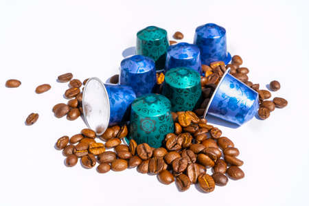 Nice, FRANCE - 22.04.2021: Nespresso cafe new collection for decoration design. Isolated on white background. Store label. High quality photoのeditorial素材