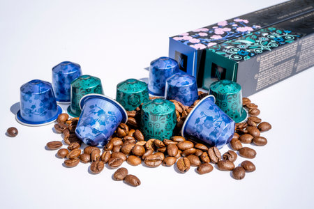 Nice, FRANCE - 22.04.2021: Nespresso cafe new collection for decoration design. Isolated on white background. Store label. High quality photoのeditorial素材