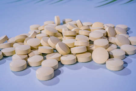 Herbal pills with healthy medical plant on gray background. Close up of compressed pills from herb powder, alternative medicine. High quality photoの写真素材