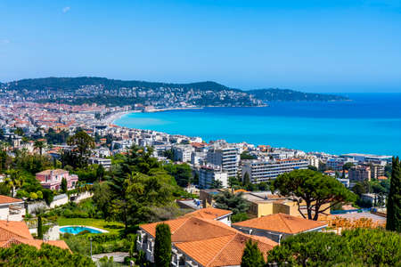 Nice, FRANCE - 13.05.2021: Scenic Panoramic View of Nice, famous tourists street Promenade des Anglais, mediterranean resort, Cote d'Azur, France. High quality photo. High quality photoのeditorial素材