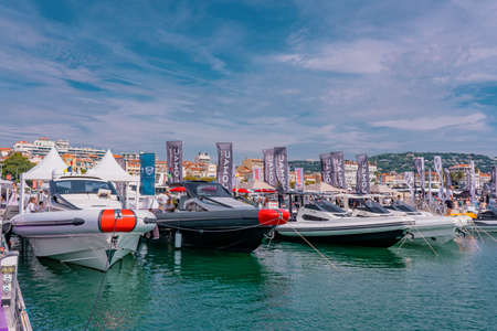 Cannes, France - 10.09.2021 : Annual Yacht Show Festival in french riviera. The largest luxury yacht, new technologies in the world of yachts. Participants come from all the world for the yacht show.のeditorial素材