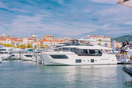 Cannes, France - 10.09.2021: Annual Yacht Show Festival in french riviera. The largest luxury yacht, new technologies in the world of yachts. Participants come from all the world for the yacht show.のeditorial素材