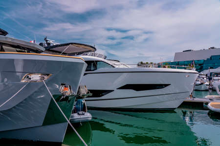 Cannes, France - 10.09.2021: Annual Yacht Show Festival in french riviera. The largest luxury yacht, new technologies in the world of yachts. Participants come from all the world for the yacht show.のeditorial素材