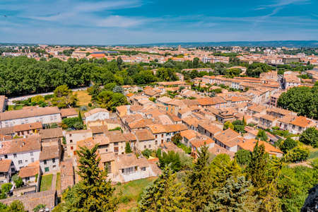 Panoramic View of medieval citadel Carcassonne from the castle walls of Carcassonne town. Ancient historical monuments of Europe on the South of France. High quality photoの写真素材