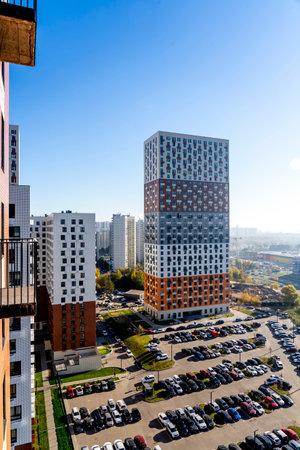Moscow, Russia - 08.10.2021 New buildings facades in housing complex Mitino Park. Pik building company, Moscow architecture landmark. Exterior of skyscraper, Urban background. High quality photoのeditorial素材