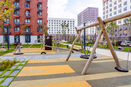 Moscow, Russia - 04.10.2021: Beautiful multi colorful building of new modern residential area for...