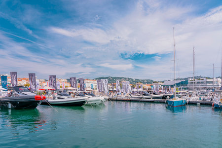 Cannes, France - 10.09.2021: Annual Yacht Show Festival in french riviera. The largest luxury yacht, new technologies in the world of yachts. Participants come from all the world for the yacht show.のeditorial素材