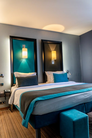 Paris, FRANCE - 11.11.2021 : Interior of a hotel room or bedroom in the Paris. High quality photoのeditorial素材