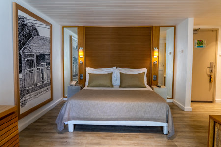 Mauritius Island - 25.10.2021 : Interior of a hotel room or bedroom in the tropical island. High quality photoのeditorial素材