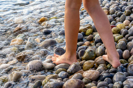 A girl's feet walk along pebble coast of the sea. The girl's legs close up. High quality photoの写真素材